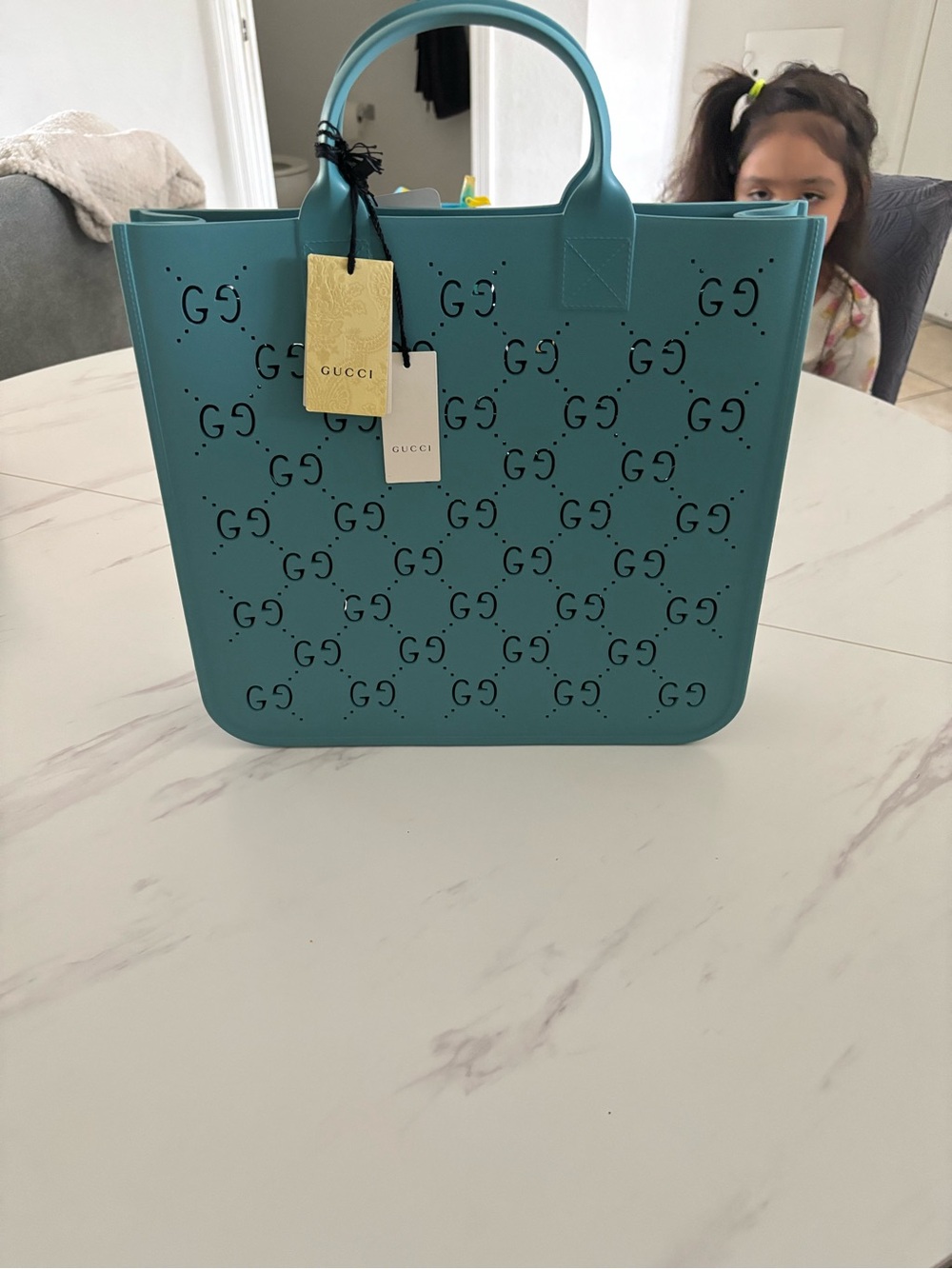 Gucci Teal Perforated GG Tote NEW